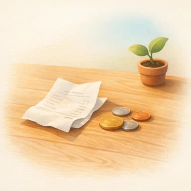 Paper receipt and scattered coins on a wooden surface
