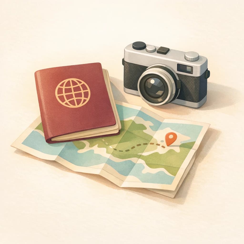 Passport, vintage camera and a paper map laid out on a table