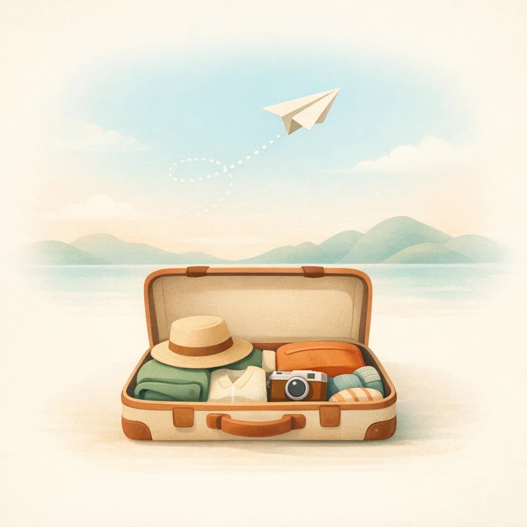 Open travel suitcase with a paper airplane lifting off above it